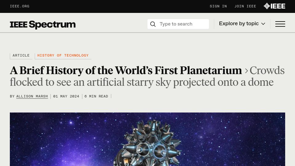 Screenshot of spectrum.ieee.org: A Brief History of the First Planetarium