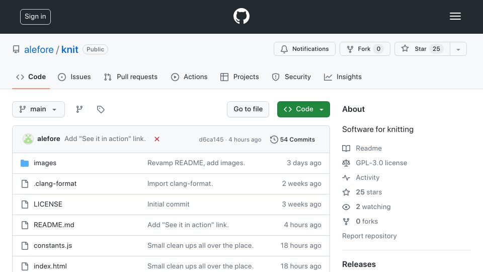 Screenshot of github.com: Show HN: Browser-based knitting (pattern) software