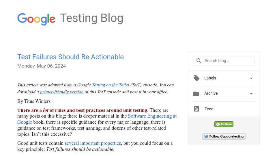 Screenshot of testing.googleblog.com: Test Failures Should Be Actionable