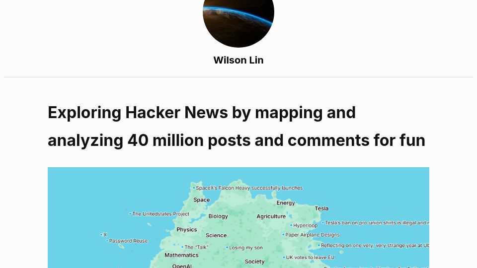 Screenshot of blog.wilsonl.in: Show HN: Exploring HN by mapping and analyzing 40M posts and comments for fun