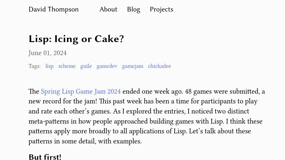 Screenshot of dthompson.us: Lisp: Icing or Cake?