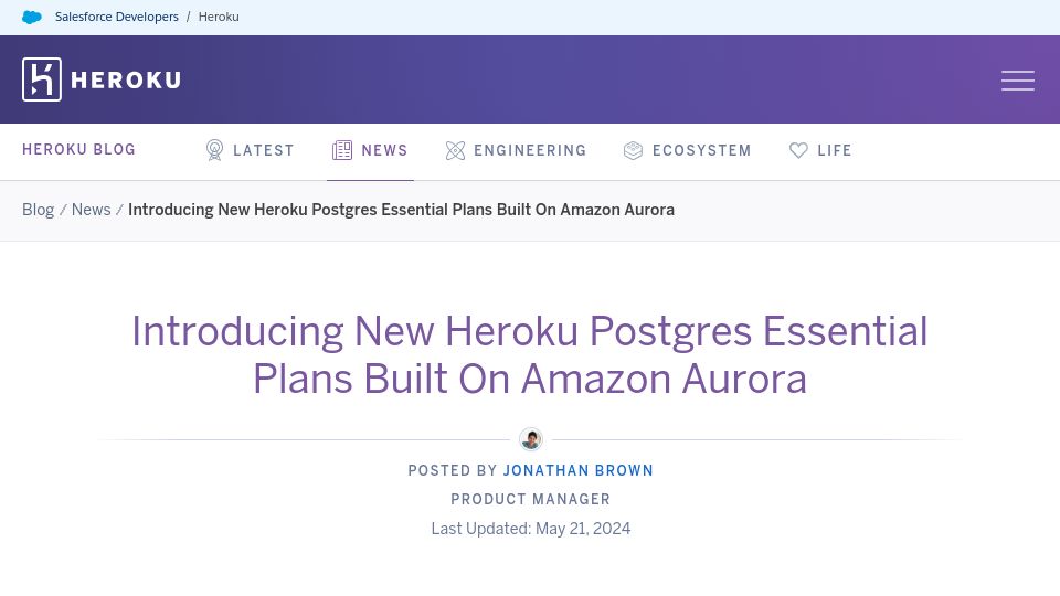 Screenshot of blog.heroku.com: Heroku Postgres is now based on AWS Aurora