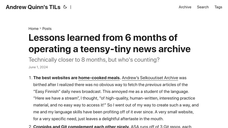 Screenshot of hiandrewquinn.github.io: Lessons learned from 6 months of operating a tiny news archive