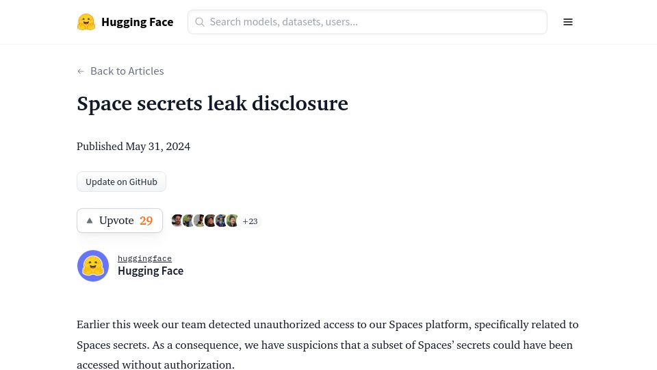 Screenshot of huggingface.co: Space secrets leak disclosure