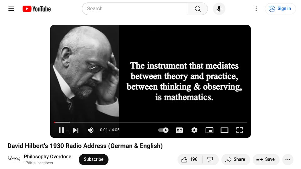 Screenshot of youtube.com: David Hilbert's 1930 Radio Address [video]