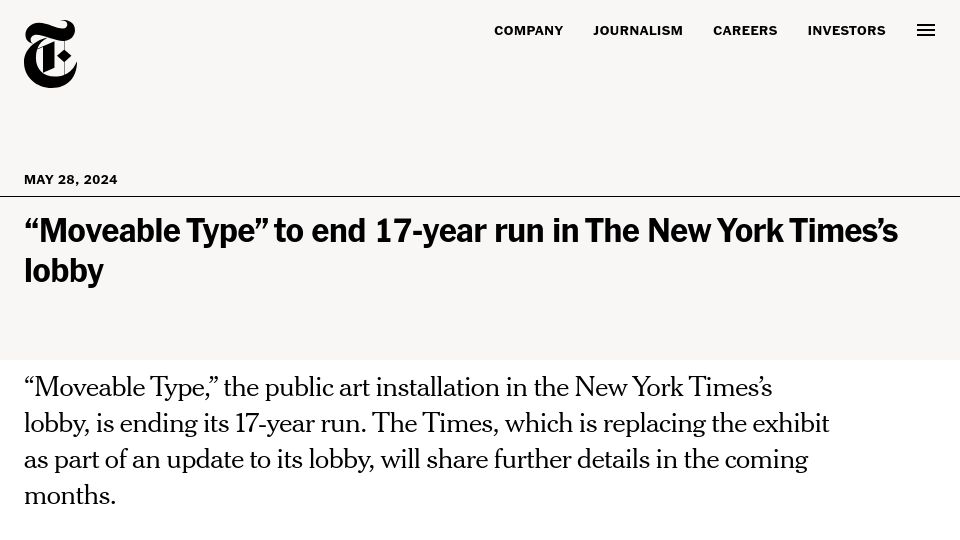 Screenshot of nytco.com: “Moveable Type” to end 17-year run in The New York Times’s lobby