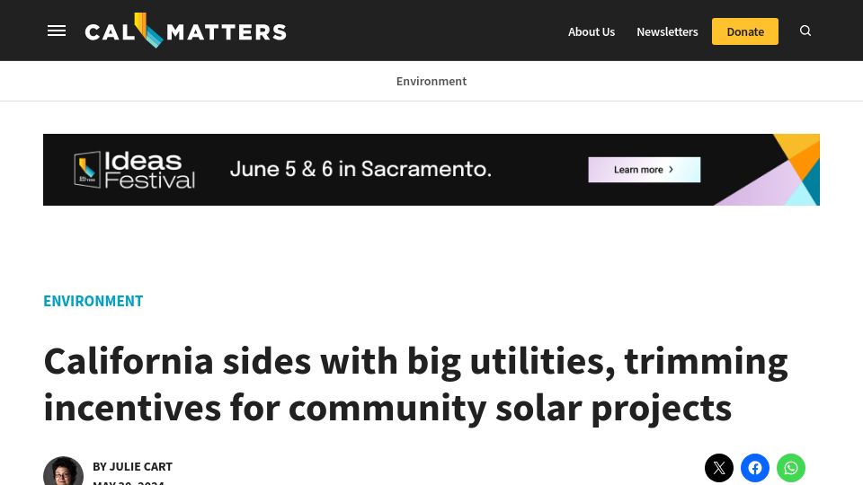 Screenshot of calmatters.org: California sides with big utilities, trimming incentives for community solar