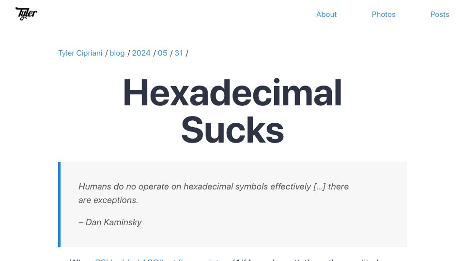 Screenshot of tylercipriani.com: Hexadecimal Sucks
