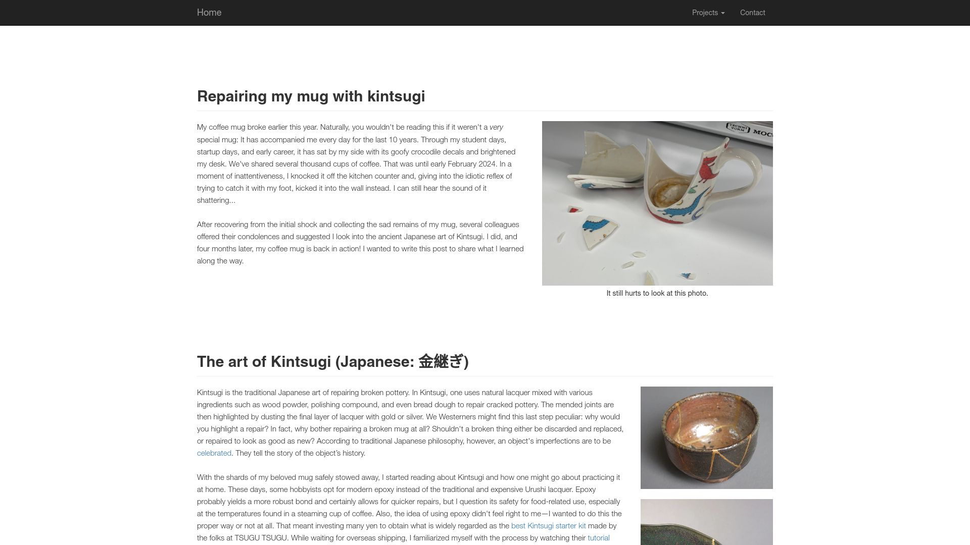 Screenshot of fellerts.no: Repairing my mug with Kintsugi
