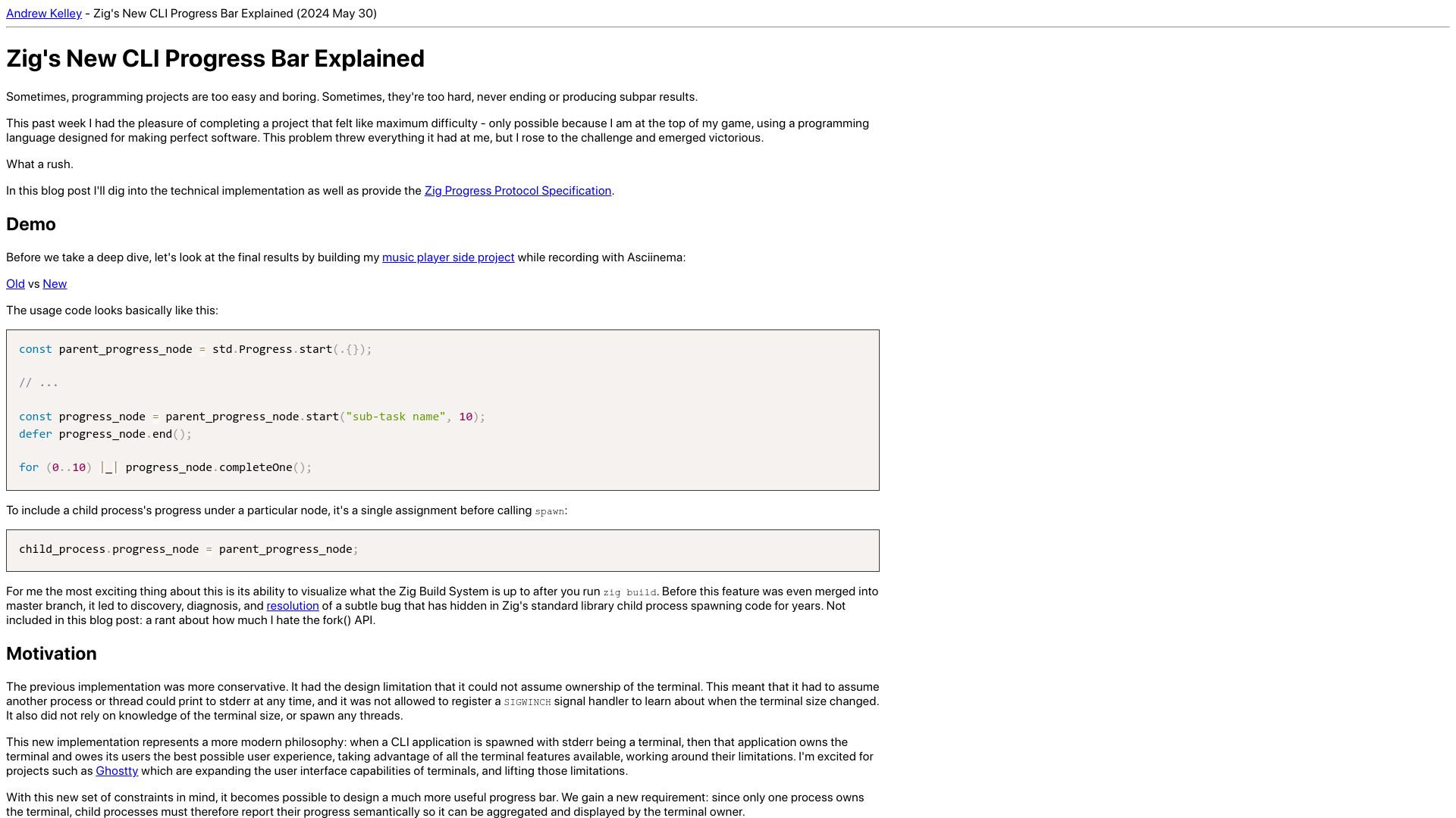 Screenshot of andrewkelley.me: Zig's new CLI progress bar explained