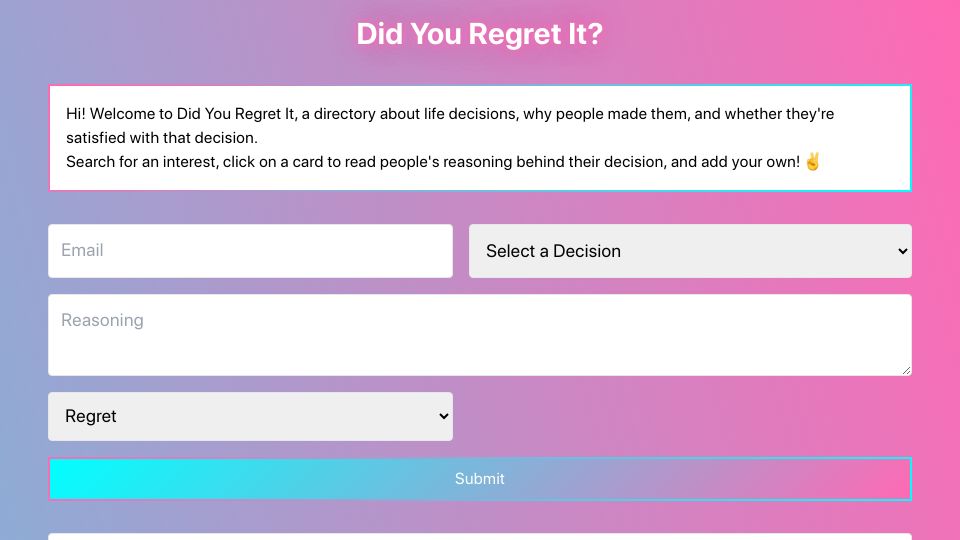 Screenshot of didyouregretit.com: Show HN: I built a directory about big life decisions/regrets