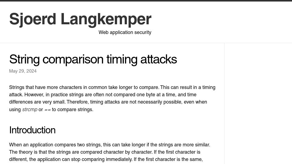 Screenshot of sjoerdlangkemper.nl: String Comparison Timing Attacks