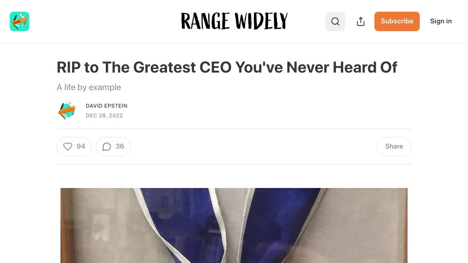 Screenshot of davidepstein.substack.com: Frances Hesselbein's leadership story (2022)
