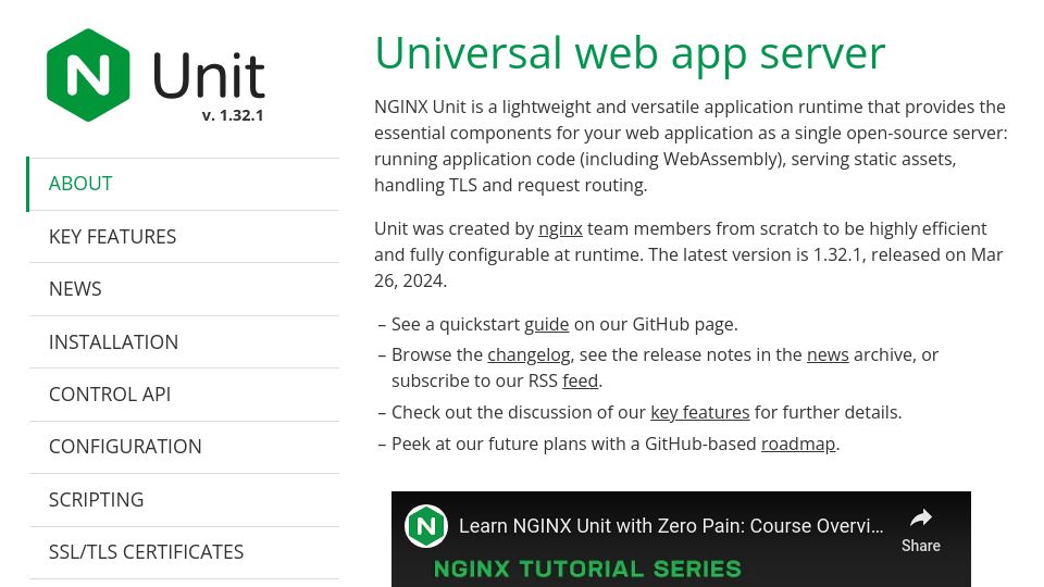 Screenshot of unit.nginx.org: Nginx Unit: open-source, lightweight and versatile application runtime