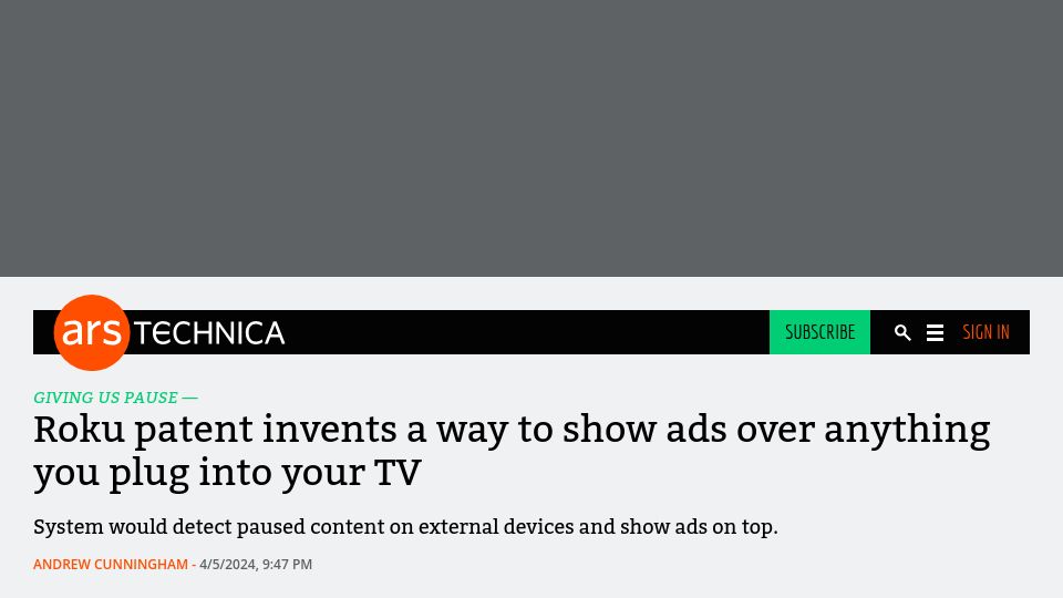 Screenshot of arstechnica.com: Roku patent invents a way to show ads over anything you plug into your TV