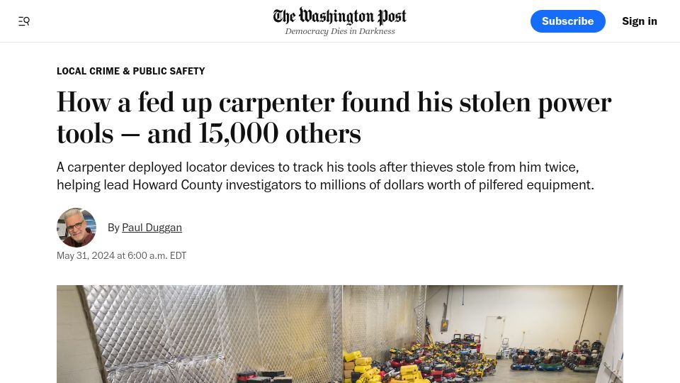 Screenshot of washingtonpost.com: Carpenter's AirTags help uncover 'massive' case of stolen tools in Maryland