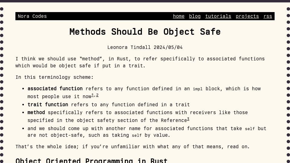 Screenshot of nora.codes: in Rust, methods should be object safe
