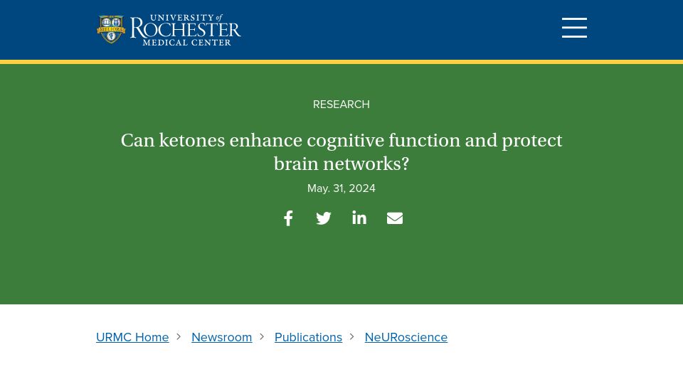 Screenshot of urmc.rochester.edu: Can ketones enhance cognitive function and protect brain networks?