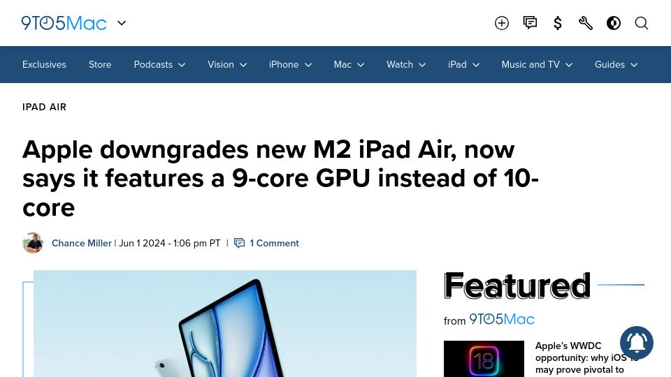 Screenshot of 9to5mac.com: Apple downgrades new M2 iPad Air, 9-core GPU instead of 10-core