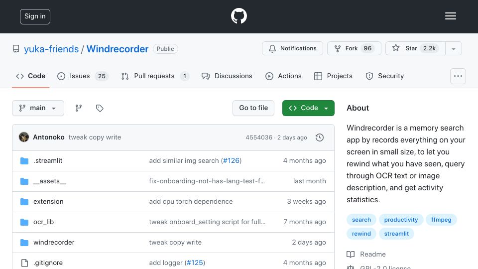 Screenshot of github.com: Windrecorder – Personal Memory Search Engine