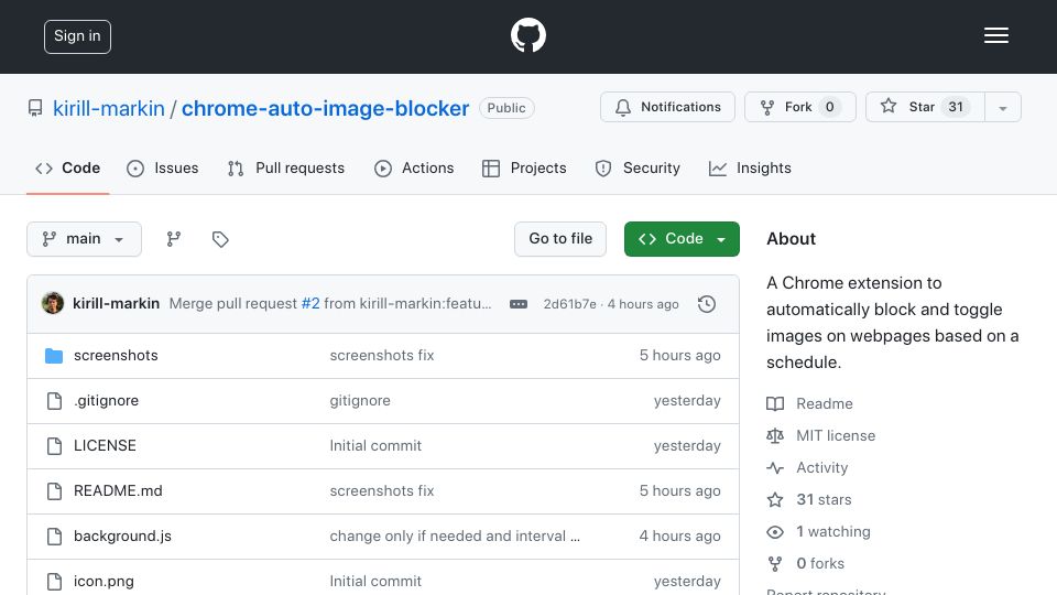 Screenshot of github.com: Show HN: Tiny Chrome extension to disable images to reduce distractions