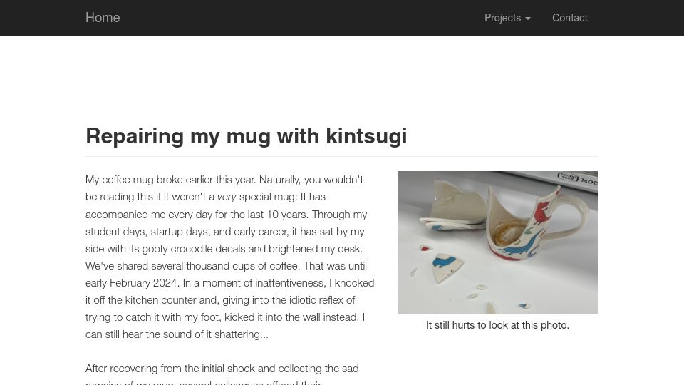 Screenshot of fellerts.no: Repairing my mug with Kintsugi
