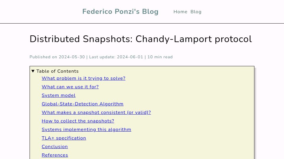 Screenshot of blog.fponzi.me: Distributed Snapshots: Chandy-Lamport Protocol