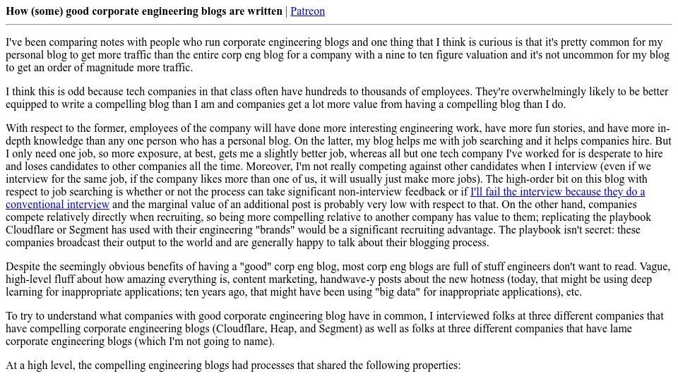 Screenshot of danluu.com: How some good corporate engineering blogs are written