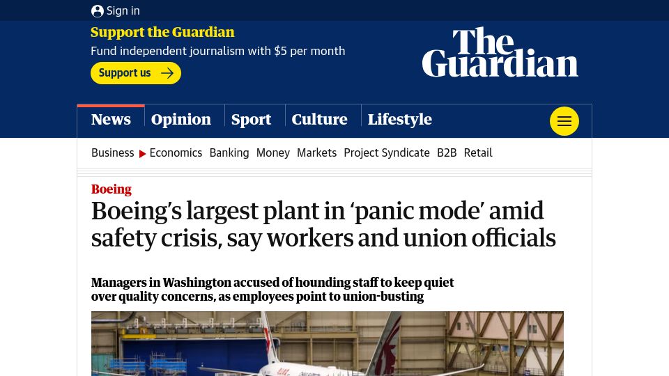 Screenshot of theguardian.com: Boeing's largest plant in 'panic mode' amid safety crisis, say workers and union