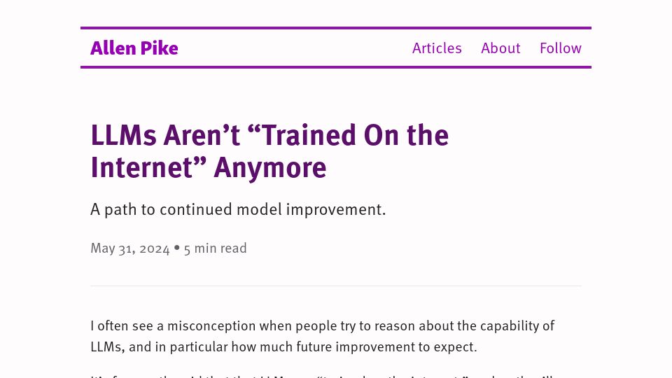 Screenshot of allenpike.com: LLMs aren't "trained on the internet" anymore