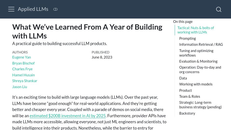 Screenshot of eugeneyan.com: What we've learned from a year of building with LLMs