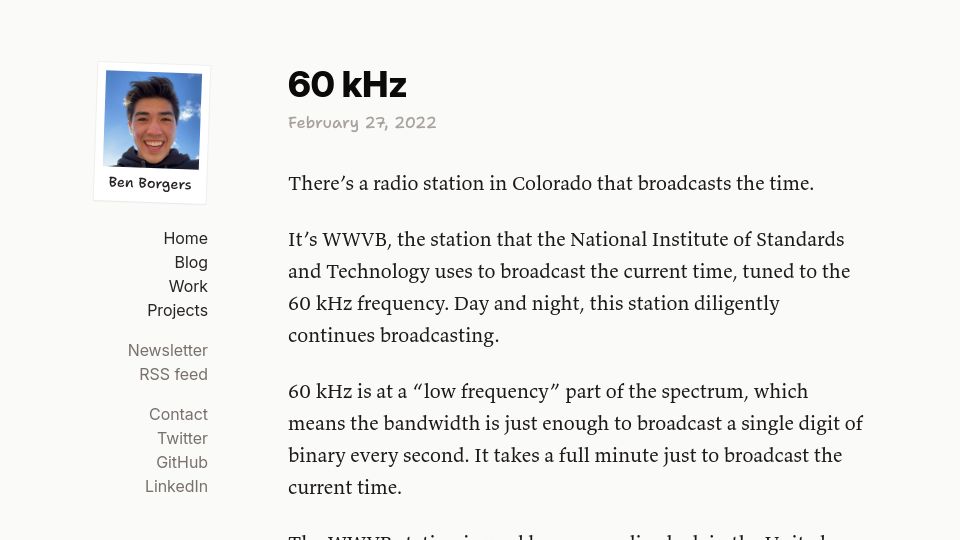 Screenshot of ben.page: 60 kHz (2022)