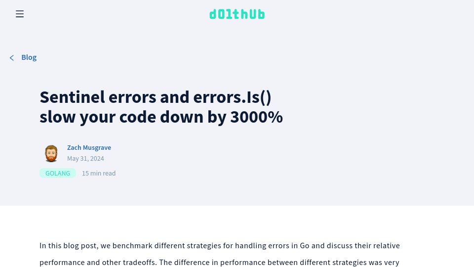 Screenshot of dolthub.com: Go: Sentinel errors and errors.Is() slow your code down by 3000%