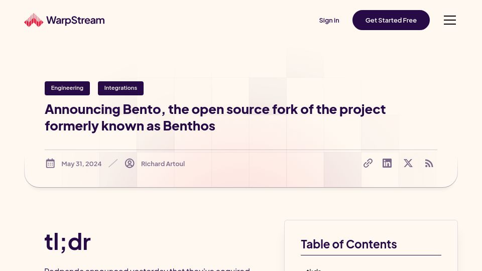 Screenshot of warpstream.com: Bento: Open-source fork of the project formerly known as Benthos