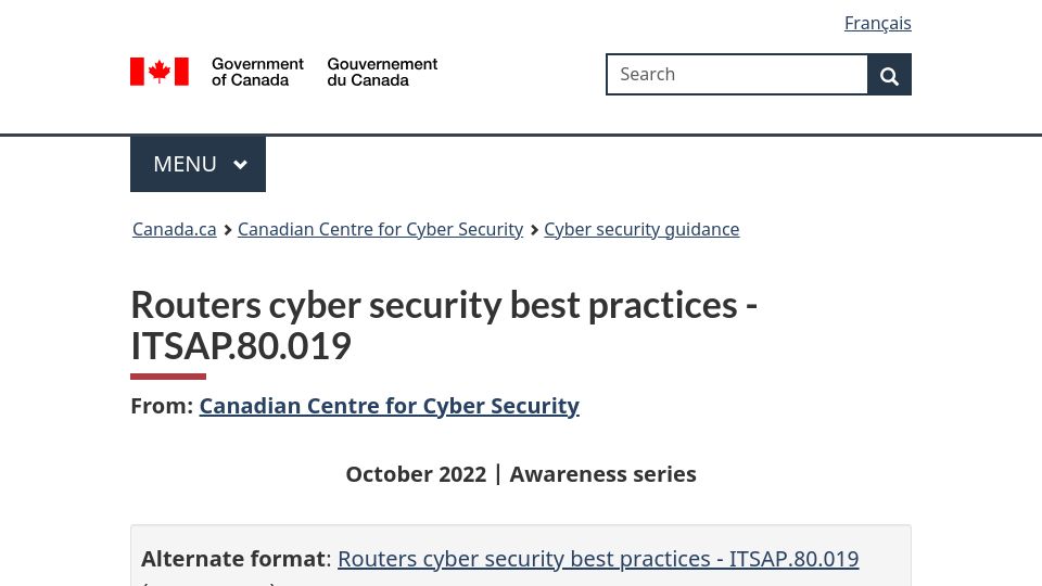 Screenshot of cyber.gc.ca: Routers cyber security best practices