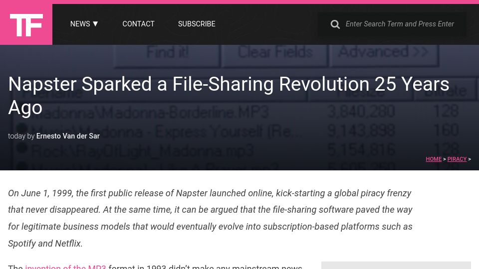 Screenshot of torrentfreak.com: Napster sparked a file-sharing revolution 25 years ago