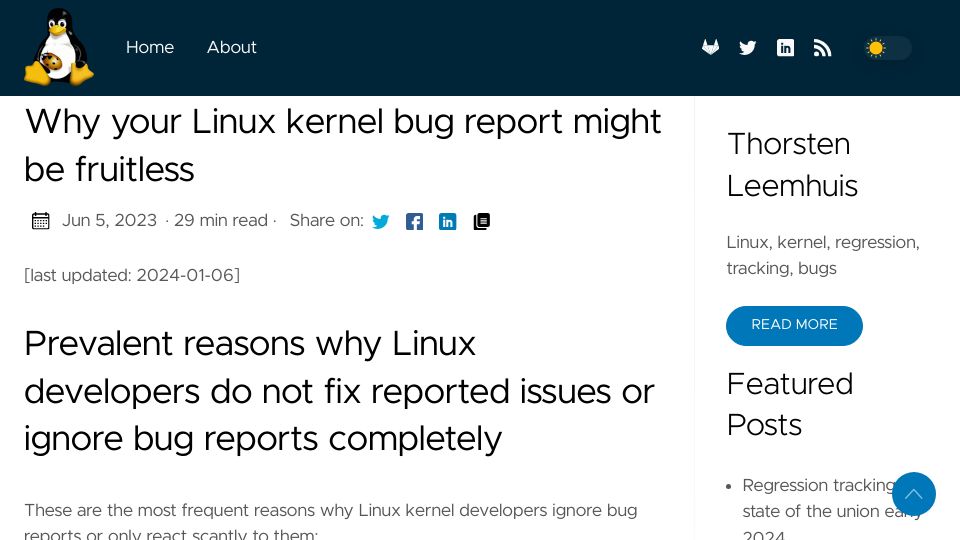 Screenshot of linux-regtracking.leemhuis.info: Why Linux developers do not fix reported issues or ignore bug reports