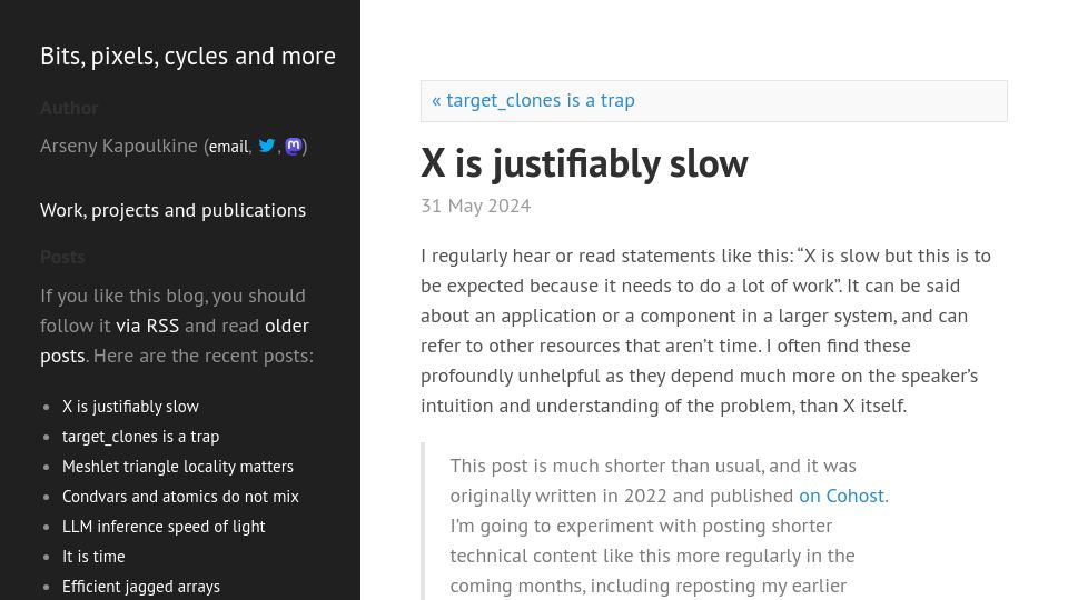 Screenshot of zeux.io: X is justifiably slow (2022)