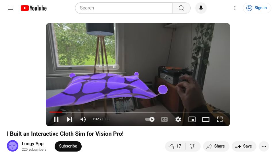 Screenshot of youtube.com: Show HN: I built an interactive cloth solver for Apple Vision Pro