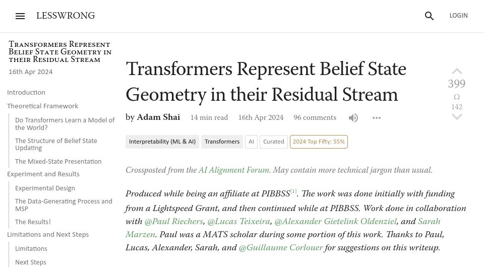 Screenshot of lesswrong.com: Transformers Represent Belief State Geometry in Their Residual Stream