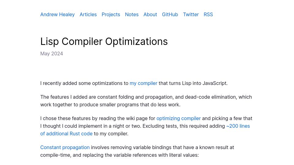 Screenshot of healeycodes.com: I added some optimizations to my compiler that turns Lisp into JavaScript