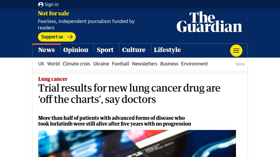 Screenshot of theguardian.com: Trial results for new lung cancer drug are 'off the charts'
