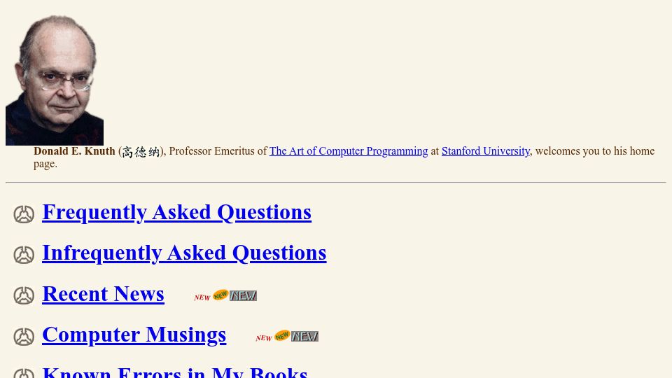 Screenshot of www-cs-faculty.stanford.edu: Donald E. Knuth's Homepage