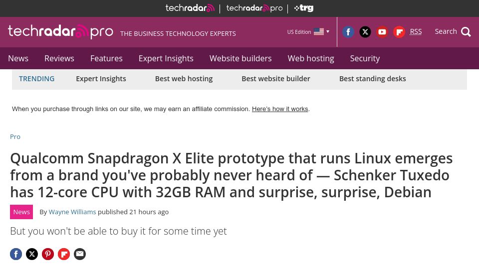 Screenshot of techradar.com: Qualcomm Snapdragon X Elite prototype that runs Linux emerges