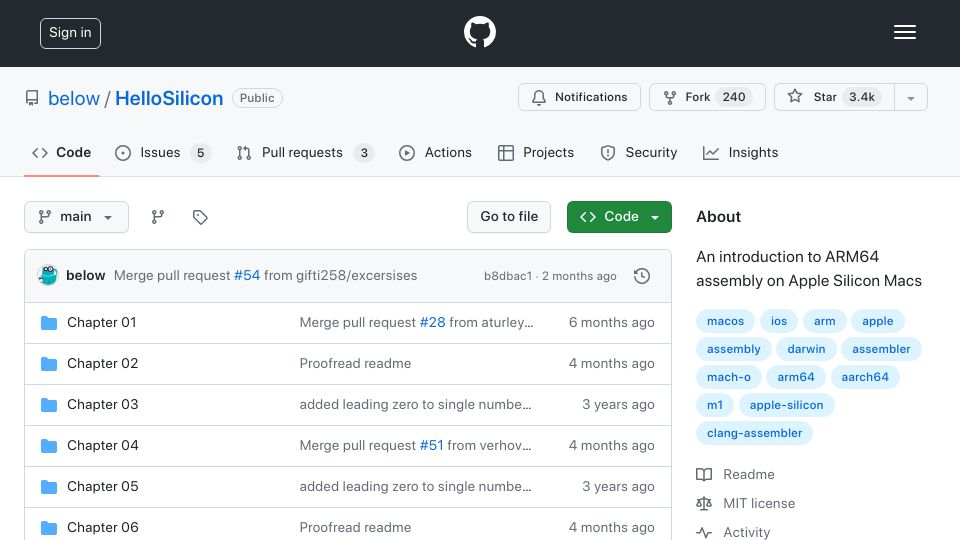 Screenshot of github.com: An Introduction to ARM64 Assembly on Apple Silicon Macs