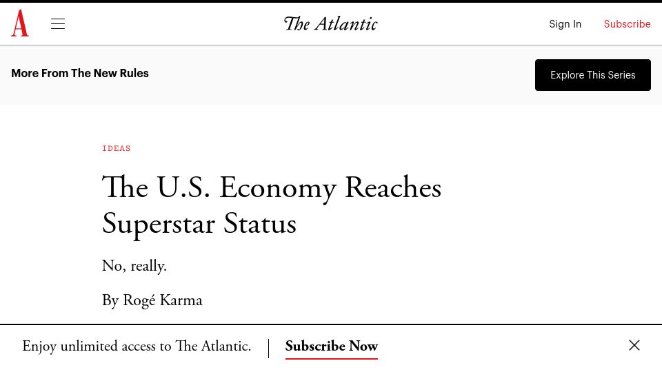 Screenshot of theatlantic.com: The U.S. Economy Reaches Superstar Status