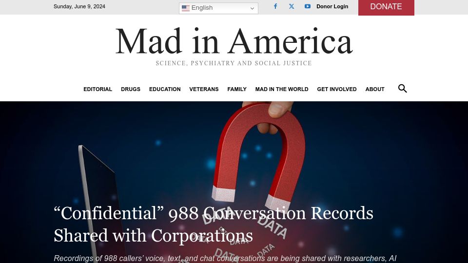 Screenshot of madinamerica.com: "Confidential" 988 Conversation Records Shared with Corporations