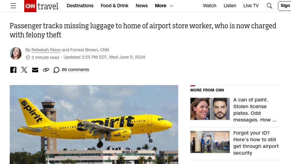 Screenshot of cnn.com: Passenger tracks missing luggage to home of airport store worker