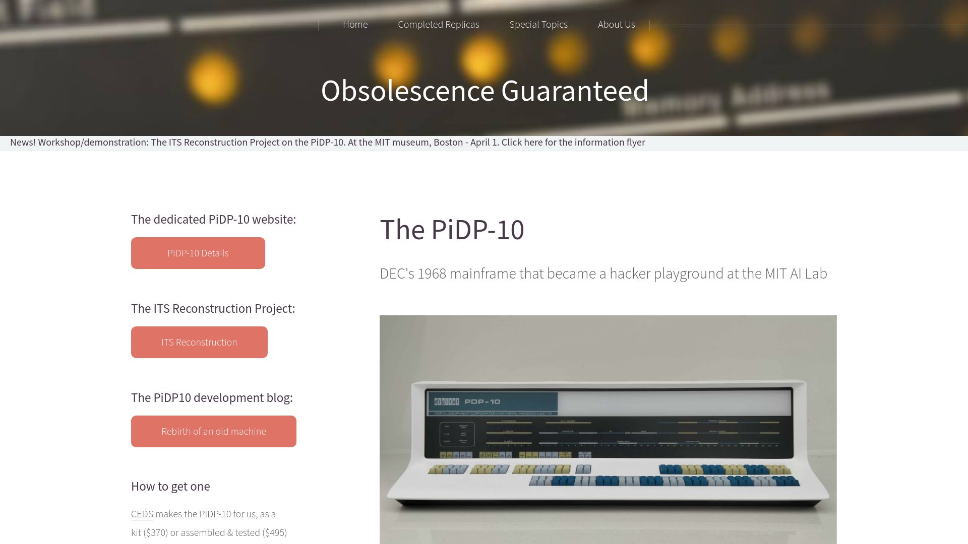 Screenshot of obsolescence.dev: PiDP-10 – a modern replica of the PDP-10
