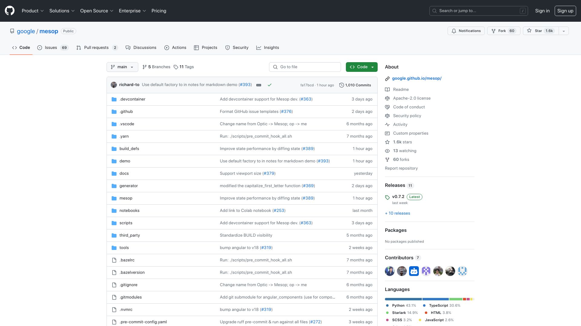 Screenshot of github.com: Google Mesop: Build web apps in Python